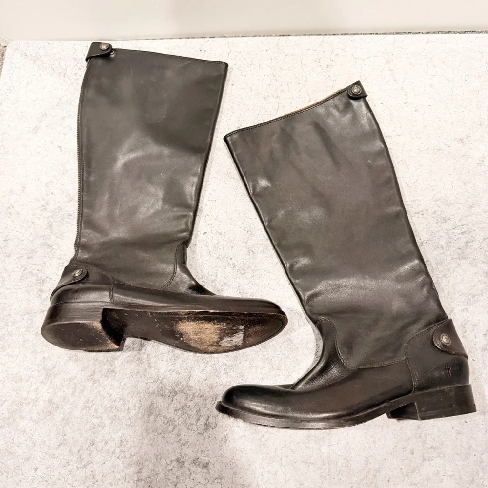 Frye MELISSA BUTTON BACK ZIP BOOT 3470835 Black Tall Leather Size 6.5